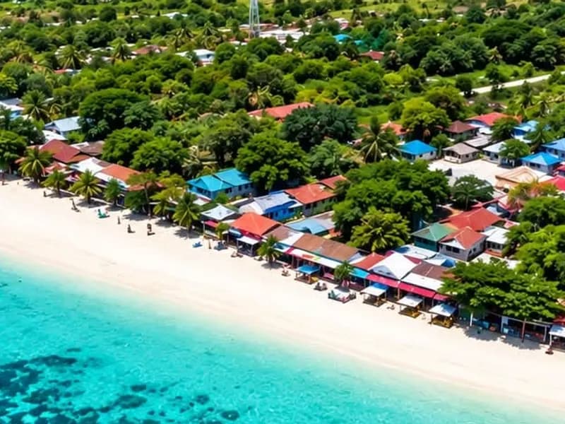 Aerial view of a white-sand beach and turquoise sea in Moalboal